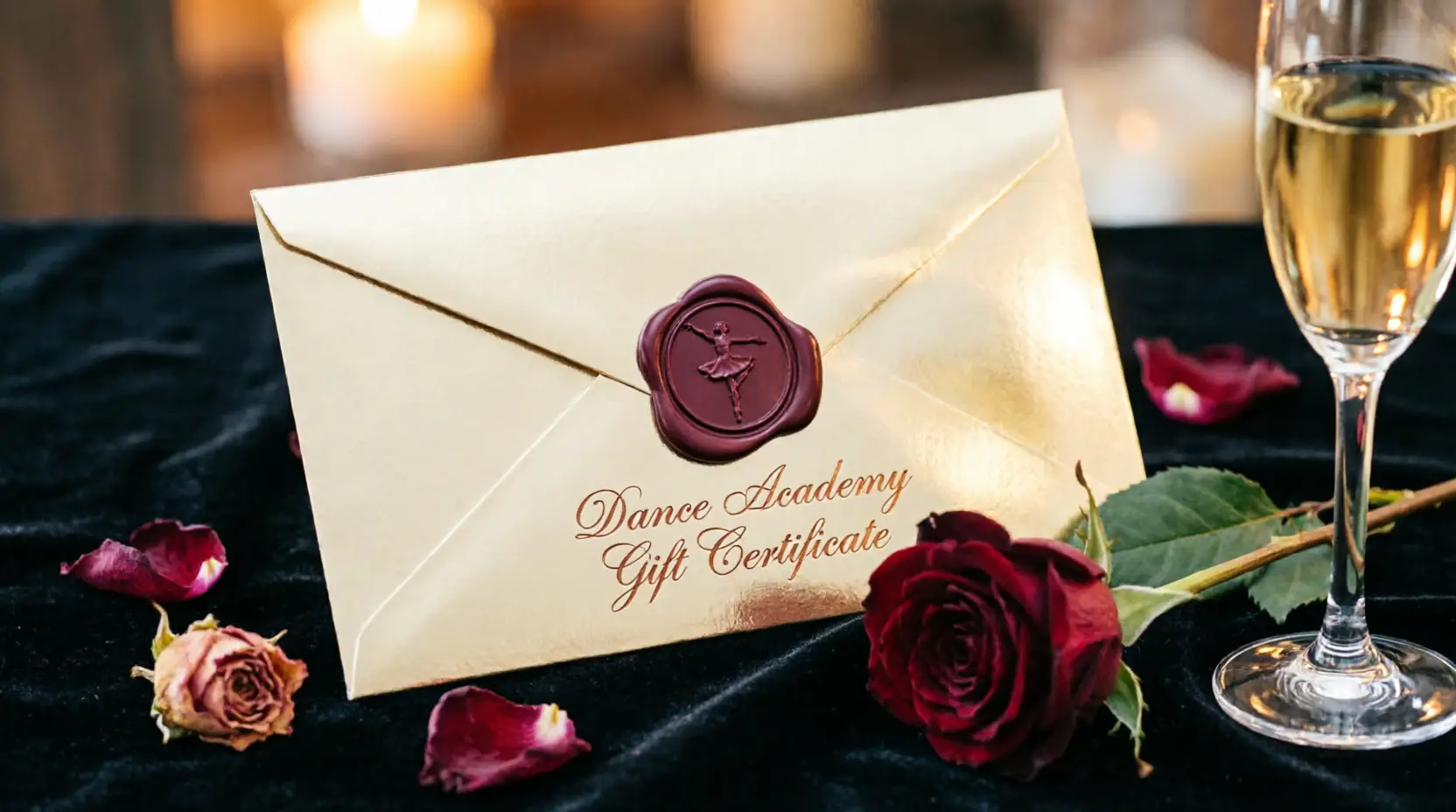 Goldener Umschlag mit Wachssiegel und Tanzmotiv neben einer roten Rose